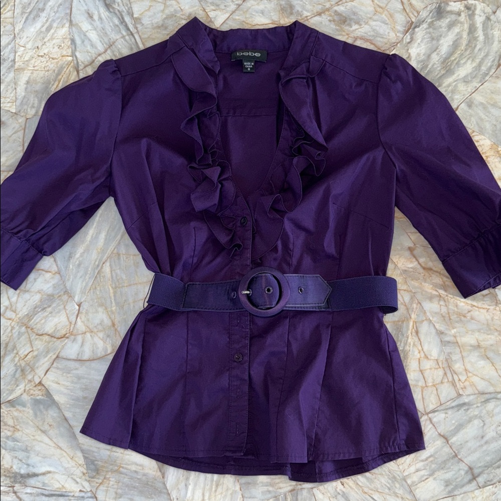 Bebe‎ Deep Purple Ruffle Top Small - Picture 2 of 14